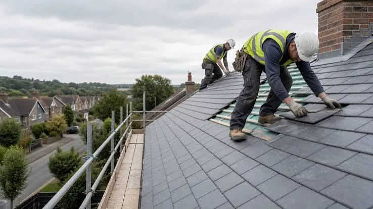 Two roofers laying slate on a scaffolded roof