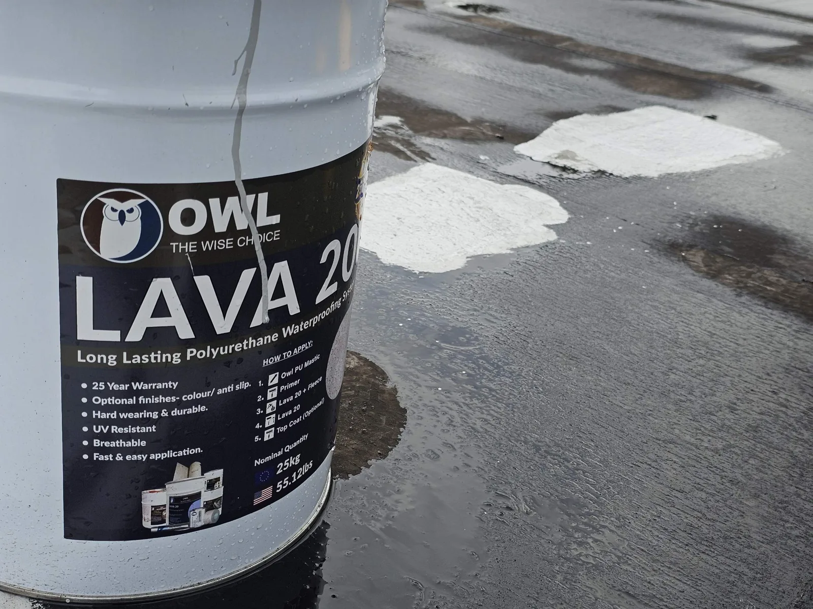 Lava 20 polyurethane liquid waterproofing being applied to a flat roof