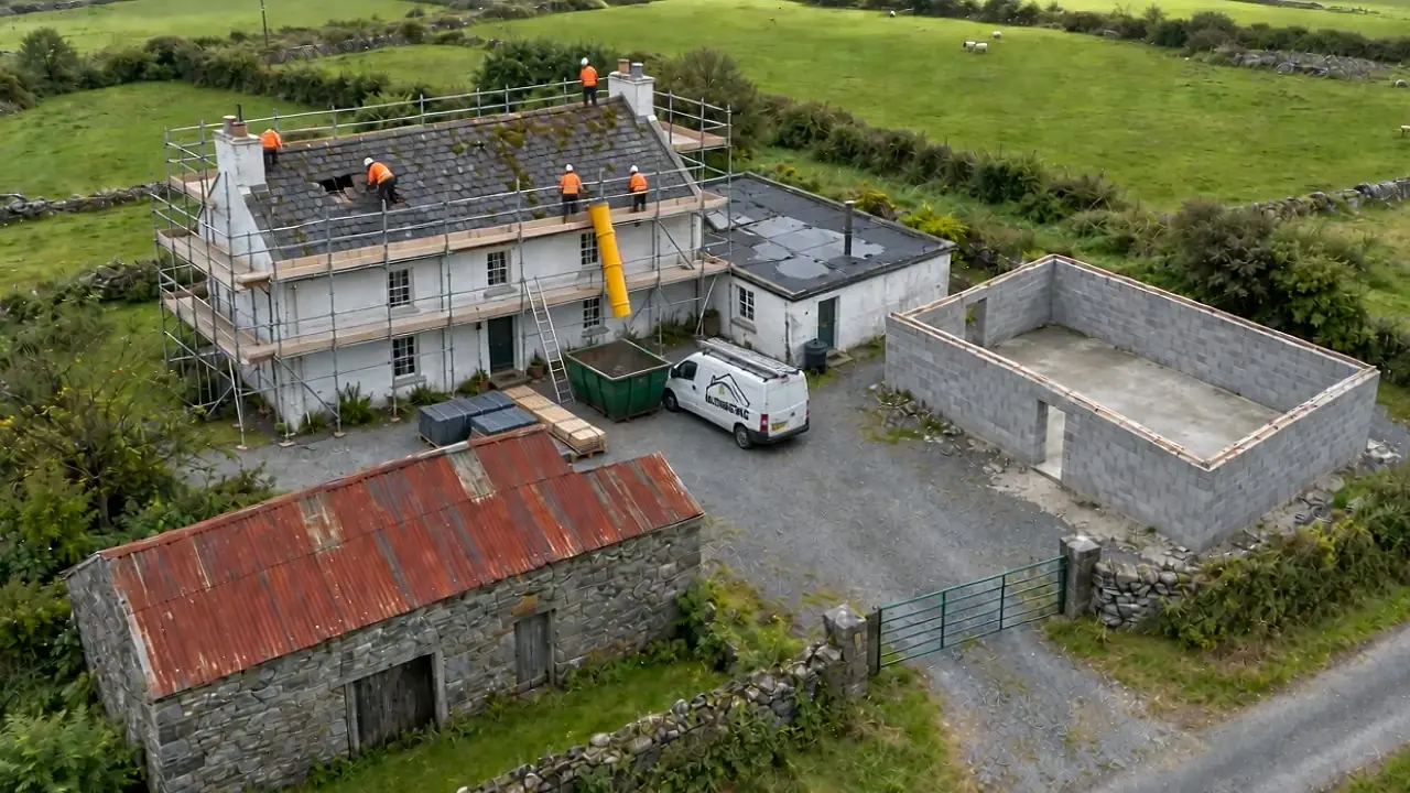 Scaffolding erected around an Irish farmhouse with a skip and pallets of slate in the yard