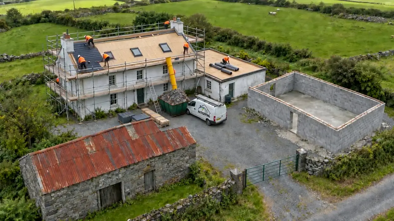 Roofing membrane laid in horizontal courses on a farmhouse, old felt removed from a flat roof