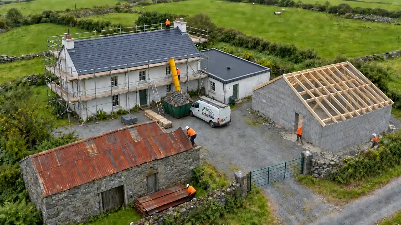 Finished natural slate roof, flat roof coated grey and timber trusses on a new garage