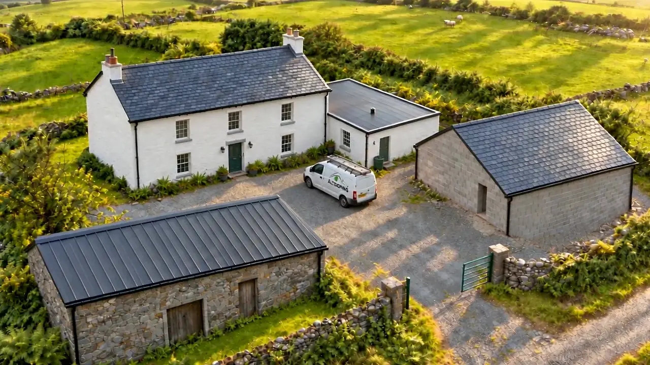 Farmhouse, garage and barn with new roofs and a clean yard in evening sun